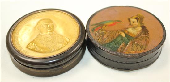 An 18th century bois durci snuff box & papier mache snuff box